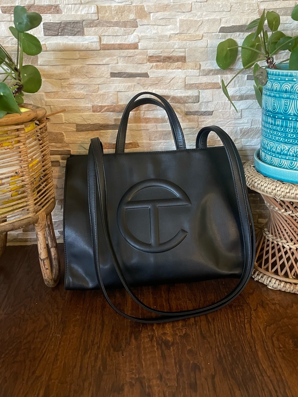 T Self-Embossed Black Leather Tote Bag - Designer Inspired